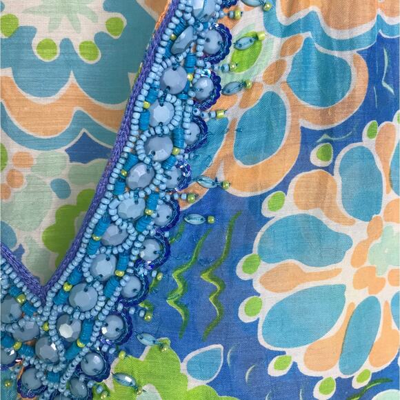 Bella Tu Top Wmns‎ Sz XS Blue Floral V-Neck Beaded Collar Slit Side Pool Coverup - Picture 5 of 12